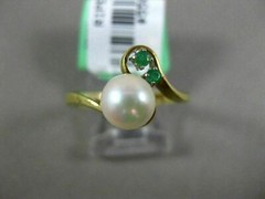 ESTATE .05CT AAA EMERALD & SOUTH SEA PEARL 14KT YELLOW GOLD 3D ANNIVERSARY RING