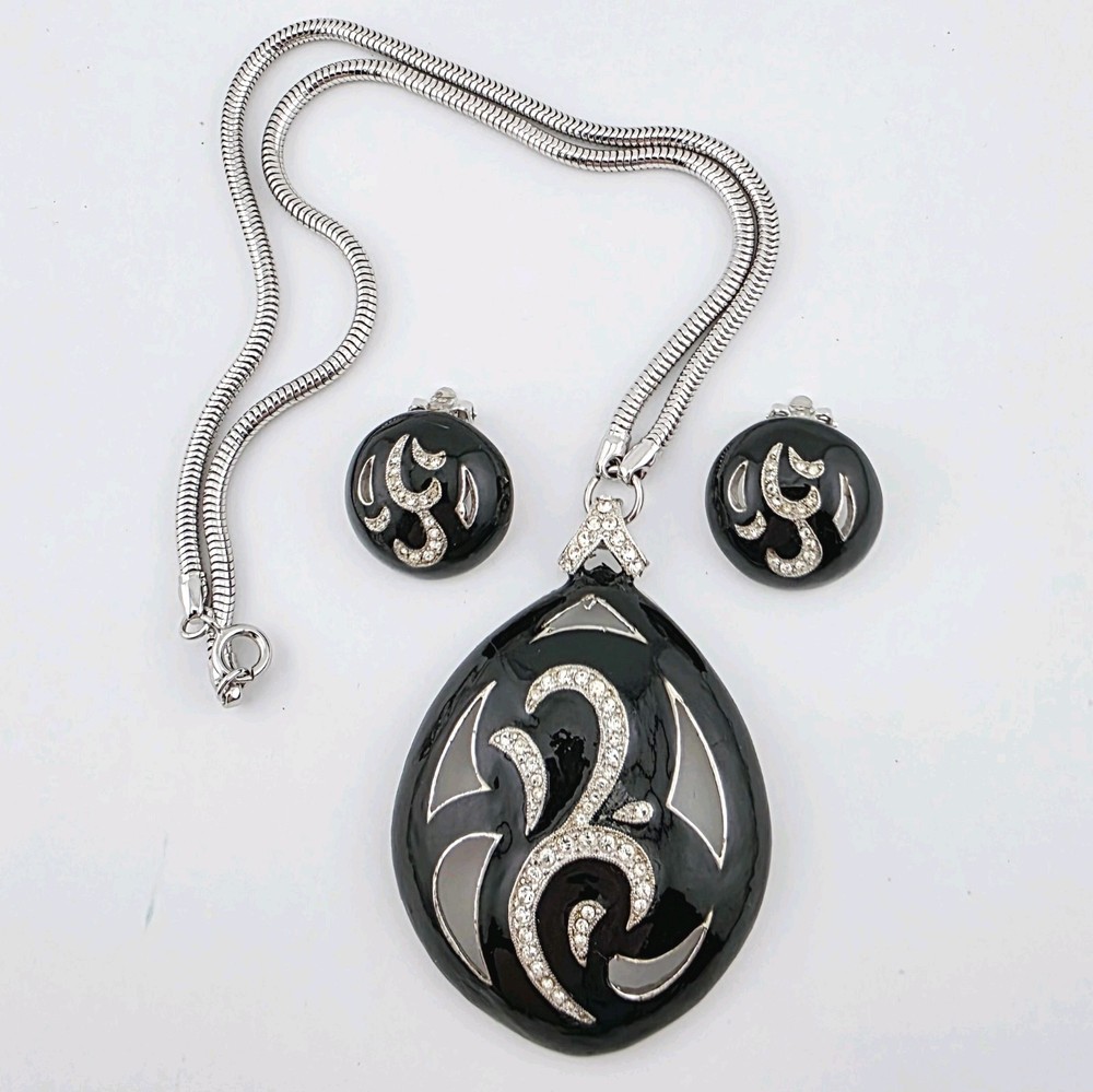 Eisenberg Black Enamel and Rhinestone Necklace And Earrings GF Chain AS IS.