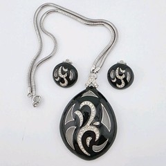 Eisenberg Black Enamel and Rhinestone Necklace And Earrings GF Chain AS IS.