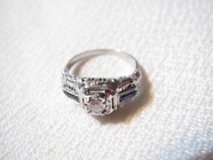 ART NOUVEAU 18K WHITE GOLD DIAMOND & SAPPHIRE ANTIQUE FILIGREE RING – SZ 4 1/2