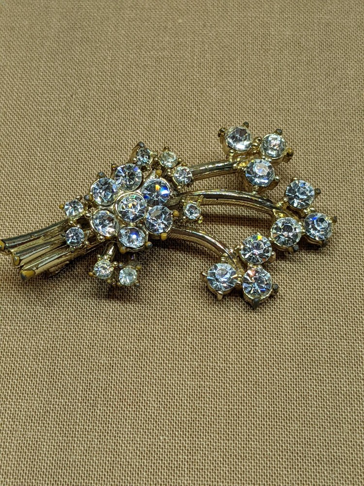 Vintage Coro Floral Spray Brooch Rhinestone Gold Tone 1940s 1950s Costume Pin