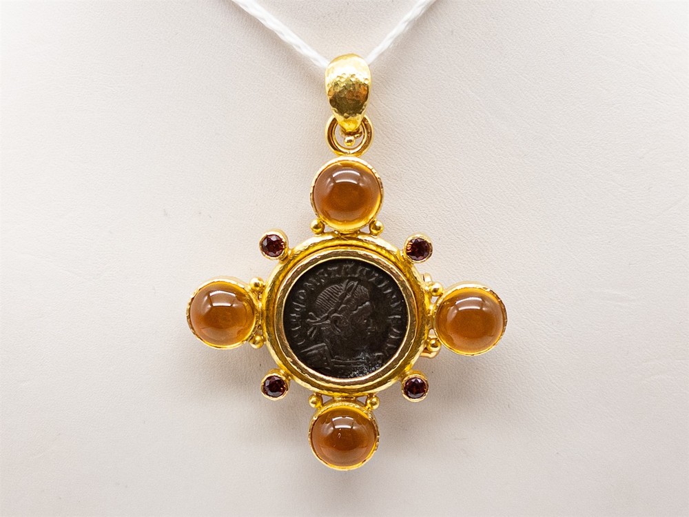 $14,000 Elizabeth Locke Citrine ANCIENT COIN 19k Yellow Gold CROSS Pendant 26g