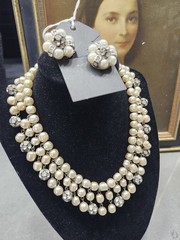 STUNNING 1950s Pearls & Rhinestone DROP Necklace & Clip Earring SET Estate WoW!