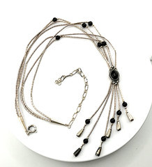 Vintage 925 Sterling Silver & Onyx Southwestern Lariat Necklace Liquid Silver