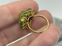 Vintage 18k Yellow Gold Faceted Peridot Green Garnet Cluster Cocktail Ring