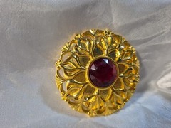 Vintage Lady Remington Round Brooch Gold Tone With Faux Red Gem