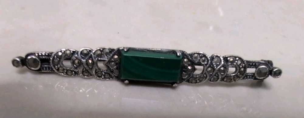 VINTAGE STERLING SILVER 925 MARCASITE MALACHITE BAR PIN BROOCH