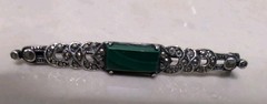 VINTAGE STERLING SILVER 925 MARCASITE MALACHITE BAR PIN BROOCH