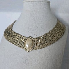 Vintage Style Gold Tone Mesh Choker Faux Pearl Liquid Metal Adjustable 16 Inches
