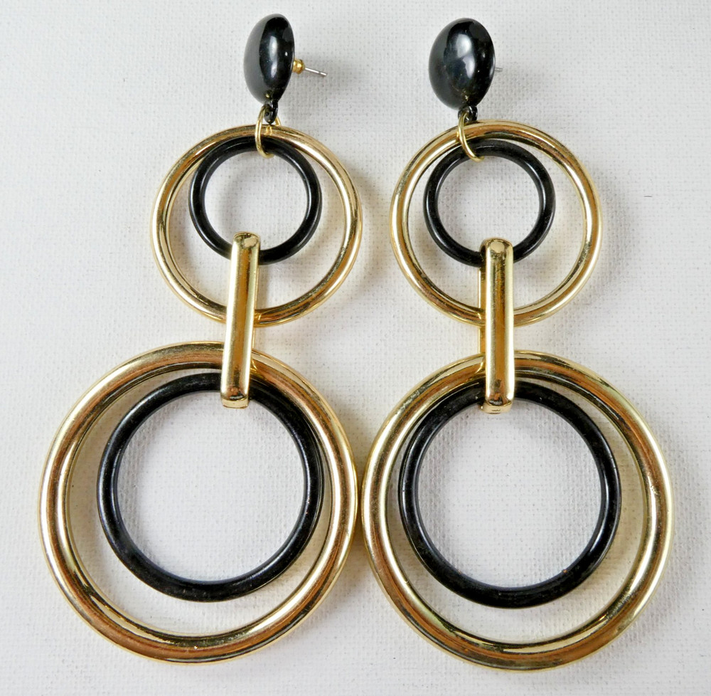 Pretty LONG Drop Dangle Earrings Gold & Black Round Light Weight Fun Fashion