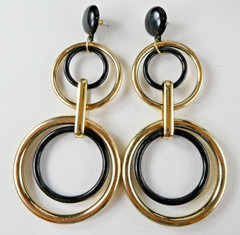 Pretty LONG Drop Dangle Earrings Gold & Black Round Light Weight Fun Fashion
