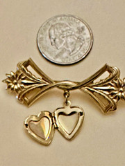 Lillian Vernon Heart Brooch Locket Dangles From Bar Light Gold 2.0″ Dainty Vtg.