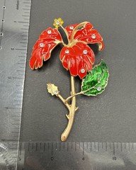 HUGE Flower Brooch Pin Gold Tone Rhinestone Red Enamel J20