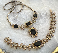 Vintage Necklace Brooch Bracelet 4 Piece Lot Black Rhinestones 60s – 90s