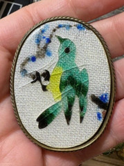 Vintage Oval Blue Yellow White Green Bird Guilloche Cloisonne Enamel Brooch