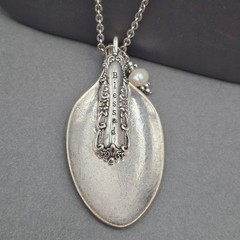 Vintage Blessed Spoon Pendant Necklace Silver Pearl Long Boho Statement Piece