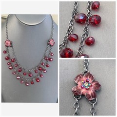 Vintage Boho Ab Red Crystal Charm Layered Beaded Necklace 18” Silver Tine