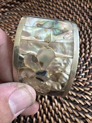 Vintage Mexico Alpaca Silver Abalone Mother of Pearl Floral Inlay Cuff Bracelet