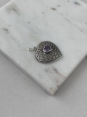 Vintage 925 Sterling Silver Deco Marcasite Purple Amethyst Heart Pendant