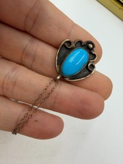 Vintage Necklace Native American Blue Turquoise Chain Pendant Signed 15 in