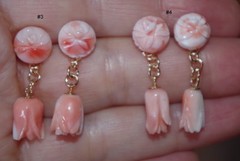 ANTIQUE 14K GOLD ANGEL SKIN CORAL CARVED ROSE STUD DROP EARRINGS Made To Order