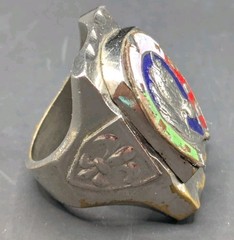 Vtg MCM Mexico Horse Head Horseshoe Ring Green White Red Blue Enamel Biker Ring