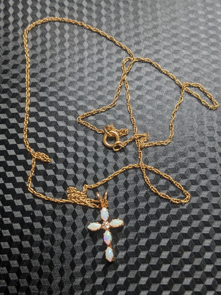 14K Marathon Brand Gold Opal Cross Necklace Gemstone Vtg 18″ 14kGF Chain Diamond