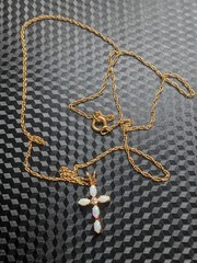14K Marathon Brand Gold Opal Cross Necklace Gemstone Vtg 18″ 14kGF Chain Diamond