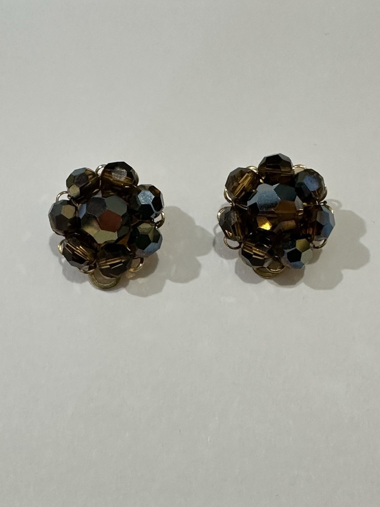 Estate Marvella Brand AB Finish Crystal & Gold Clip-on Earrings (1 Oz) Vintage