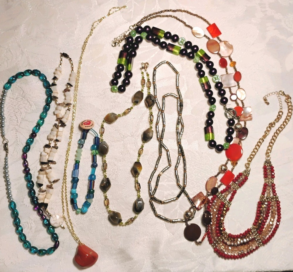 9 Piece Vintage Necklace Lot Glass And Natural Stone Variety Length 1 Anklet