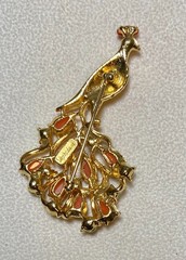 AUTHENTIC SWOBODA PEACOCK BROOCH ~ CORAL, PERIDOT, RUBY EYE ~ LOVELY!