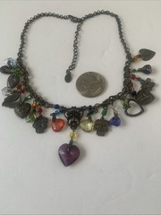 Vintage brass antique tone metal chain cluster bead necklace heart Charms. N61