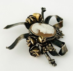 Vintage Early Hobe 925 Sterling Silver 1/20 14k Gold Cameo Flower Bow Brooch