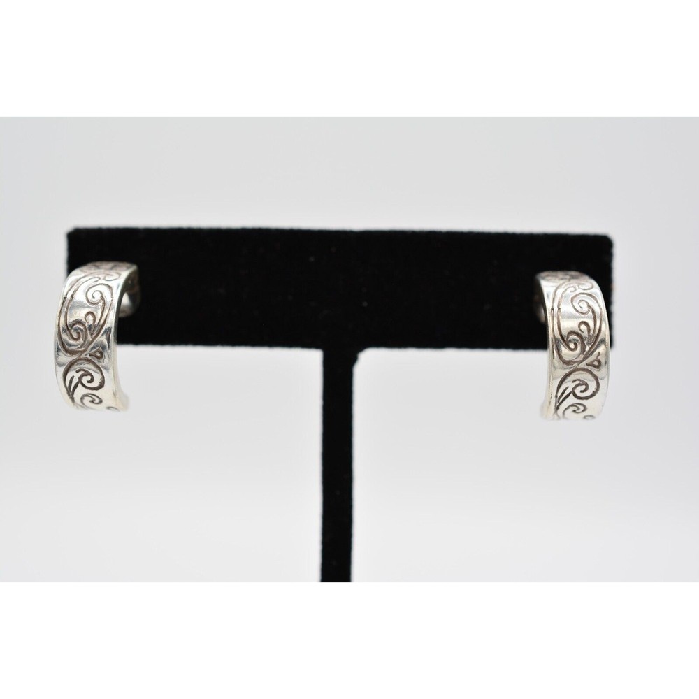 Vintage Demi Hoops Earrings Dangle Drop Etched Design Silver Tone 1990s BinH