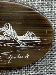 Vintage Handcrafted Oval Brooch 2.25 In Brown carved Inuit Theme Scene Signed