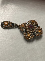 EDLEE VINTAGE RED ORANGE CRYSTAL RHINESTONE DOMED BROOCH 1940s 1950s