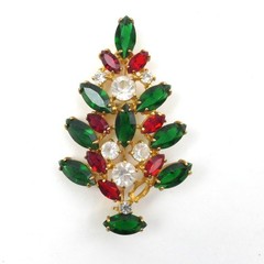 Vintage Eisenberg Ice Christmas Tree Brooch Pin Rhinestone Gold Red Green 2.75″