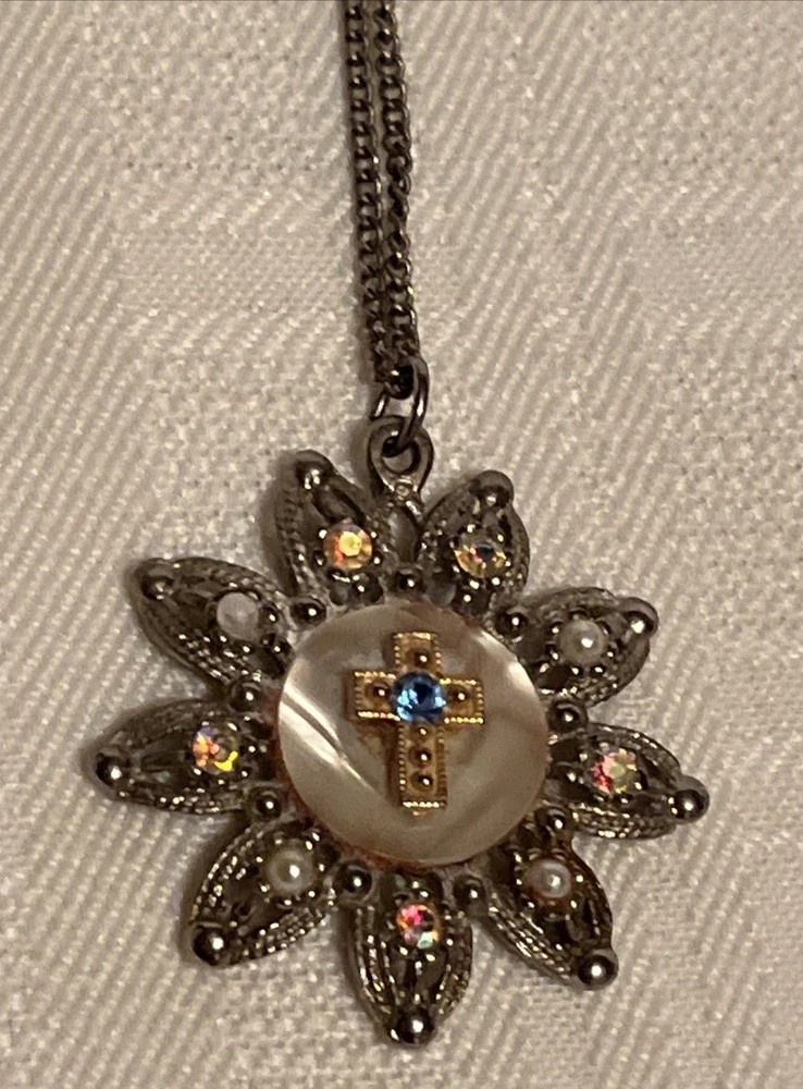 Vintage 1950’s Beautiful Pendant Cross Necklace Faux Pearls AB Rhinestones