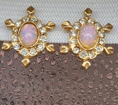 Vintage Oval Faux Fire Opal Halo Clear Rhinestone Screw Back Star Earrings