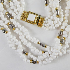 Vintage White Multi Strand Necklace Silver & Gold Spacers Ornate Clasp