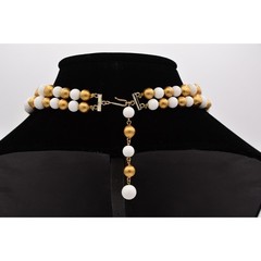 Vintage Collar Choker Necklace Brushed Gold White Beaded Thick Chunky 1980s BinR