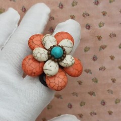 Bohemian Chunky Ring 3d Flower White Turquoise & Orange Gemstone Natural New