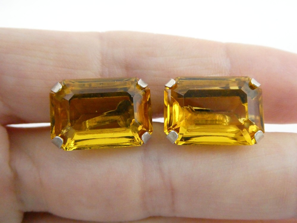 Vintage Sterling Silver Gold Yellow Faceted Glass Screw Back Earrings 7.1g .75In