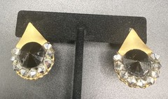 Vintage Black Faceted Rhinestone Stud Earrings Gold Tone Triangle Art Deco