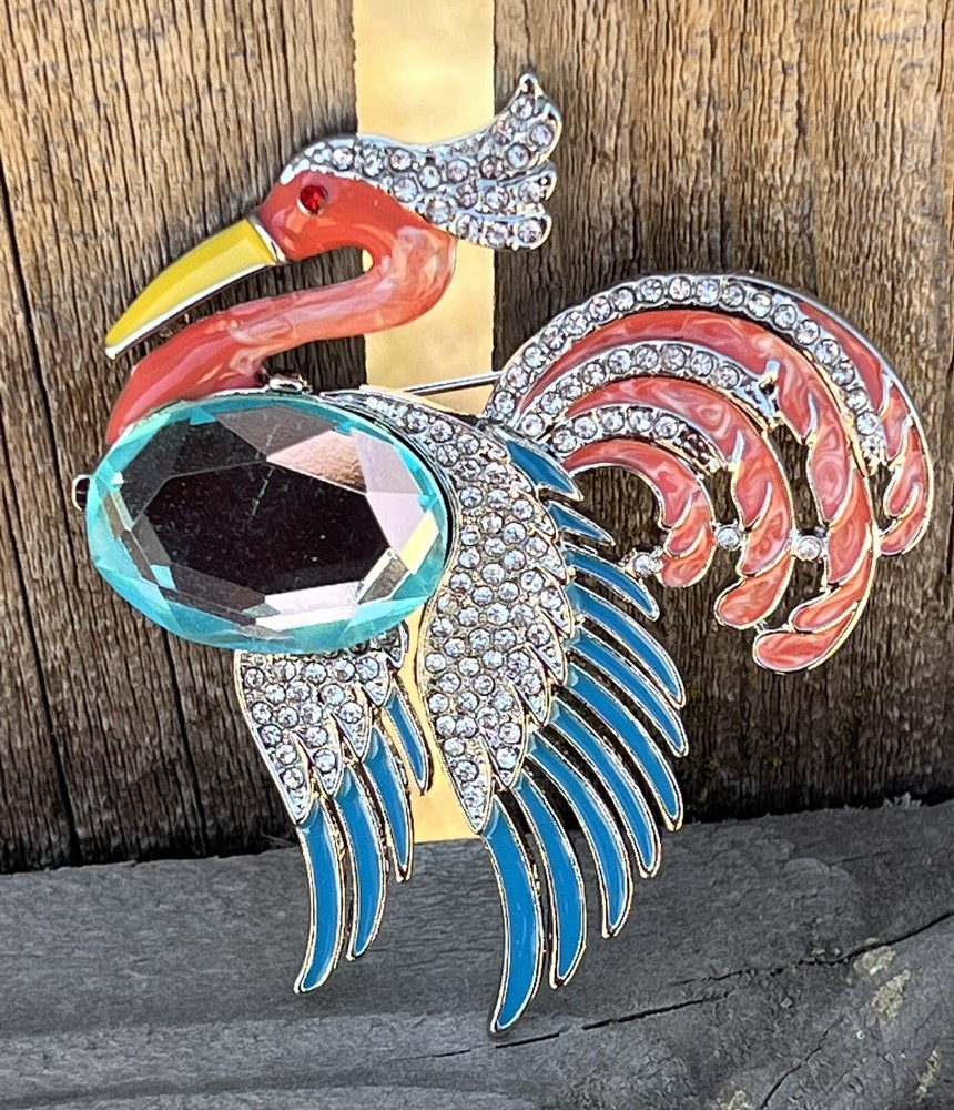 Parrot Bird Crystal Rhinestone Brooch Peacock Pin Enamel Vintage Jelly Belly