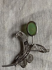 Vintage JJJ Signed Green Agate Sterling Silver Flower Brooch Pin