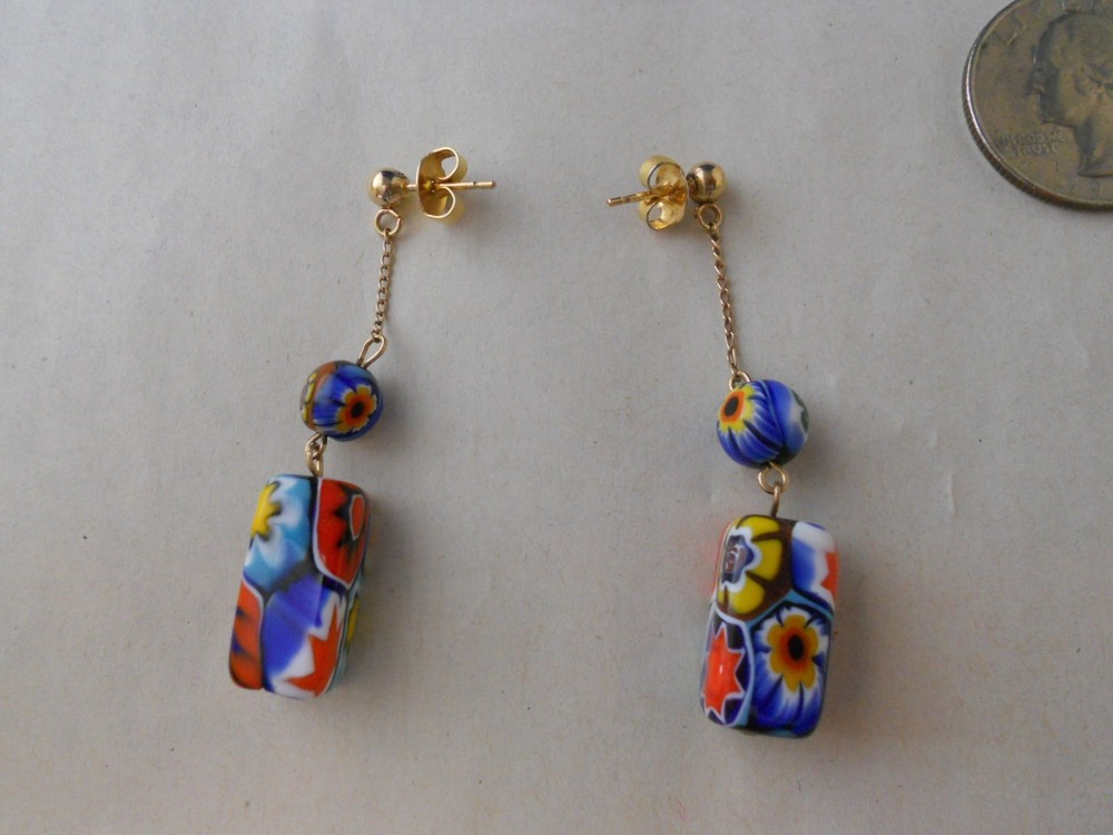 Vtg Millefiori Dangle Pierced Post Drop Earrings Colorful Red & Blue Art Glass