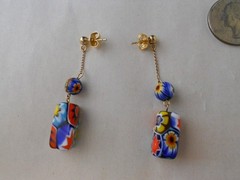 Vtg Millefiori Dangle Pierced Post Drop Earrings Colorful Red & Blue Art Glass