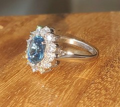 Vintage 18K White Gold Engagement Ring 2.84ct. Natural Teal Blue Sapphire Oval