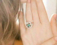 Art Deco Style Lab Created Cushion Emerald & Diamond Engagement 925 Silver Ring
